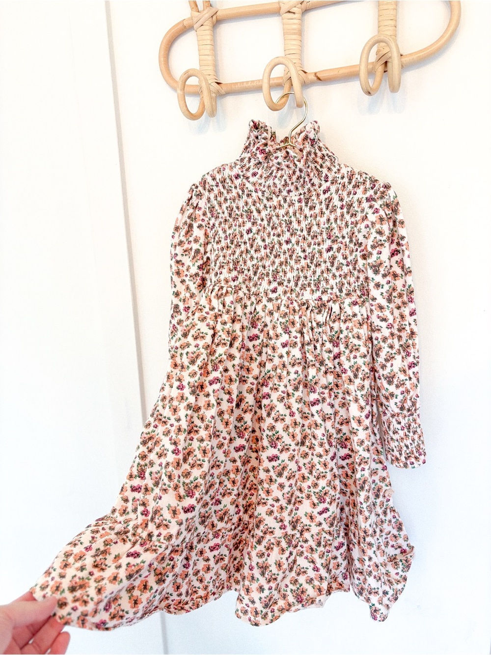 Kids Floral Smocked Long Sleeve Dress - Pink Cream